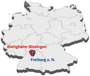GLZ locations in Bietigheim-Bissingen and Freiberg am Neckar, marked with a 3D pin on an isometric map of Germany.